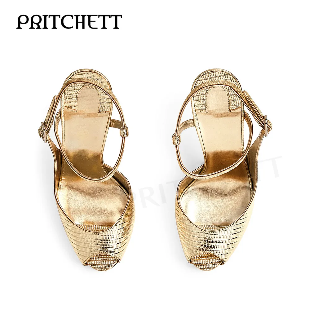 Gold Textured Fish Mouth Sandals Round Toe Stiletto Heels Leather Ankle Buckle Straps Sexy High Heels Large Size Women\'s Shoes