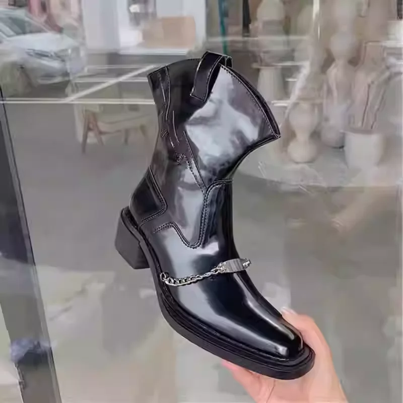 

Fashion Women's Square-Toe Ankle Boots with Metal Chain And Chunky Heel Mid-Calf Slip-On Boots