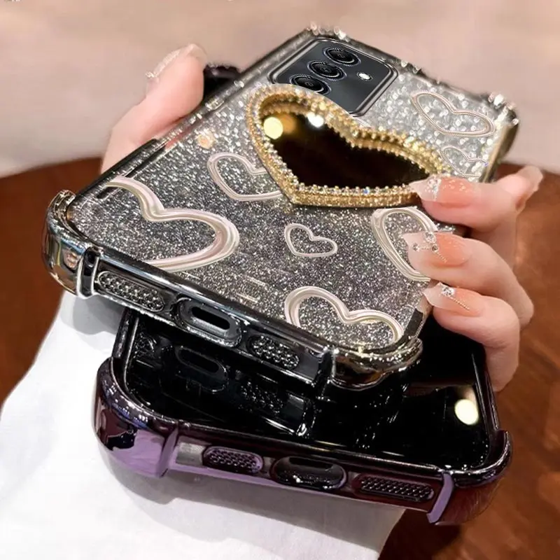 Airbag Wrist Strap Glitter Love Heart Mirror Phone Case On For Samsung Galaxy A13 A14 A15 A16 A23 34 A35 A36 A54 A55 4G 5G Cover