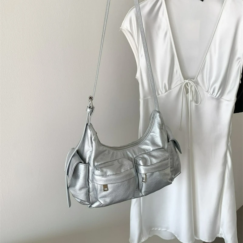 

Корейская стильная сумка через плечо, женская мягкая кожаная сумка с несколькими карманами, серебряная сумка на плечо, модная удобная и текстурированная сумка для хранения