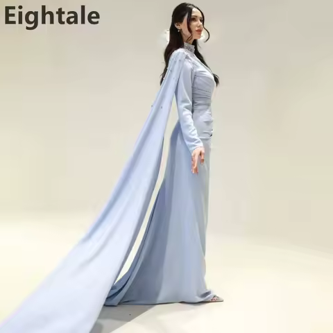 Eightale 2025 Mermaid Jersey Baby Blue Long Sleeve Evening Dress Beaded High Neck Prom Dress Saudi Arabic Party Gown Customized