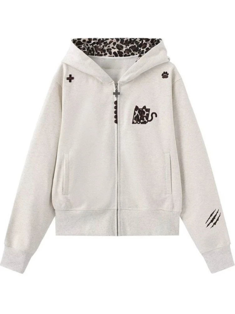 

Винтажная корейская свободная толстовка с капюшоном, женская осенняя новая вышивка с леопардовым принтом, толстовка на молнии с длинным рукавом, уличная модная куртка