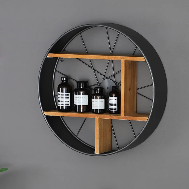 Retro Industrial Round Creative Wooden Iron Wall Shelf Wall Home Cafe Decoration for Bars