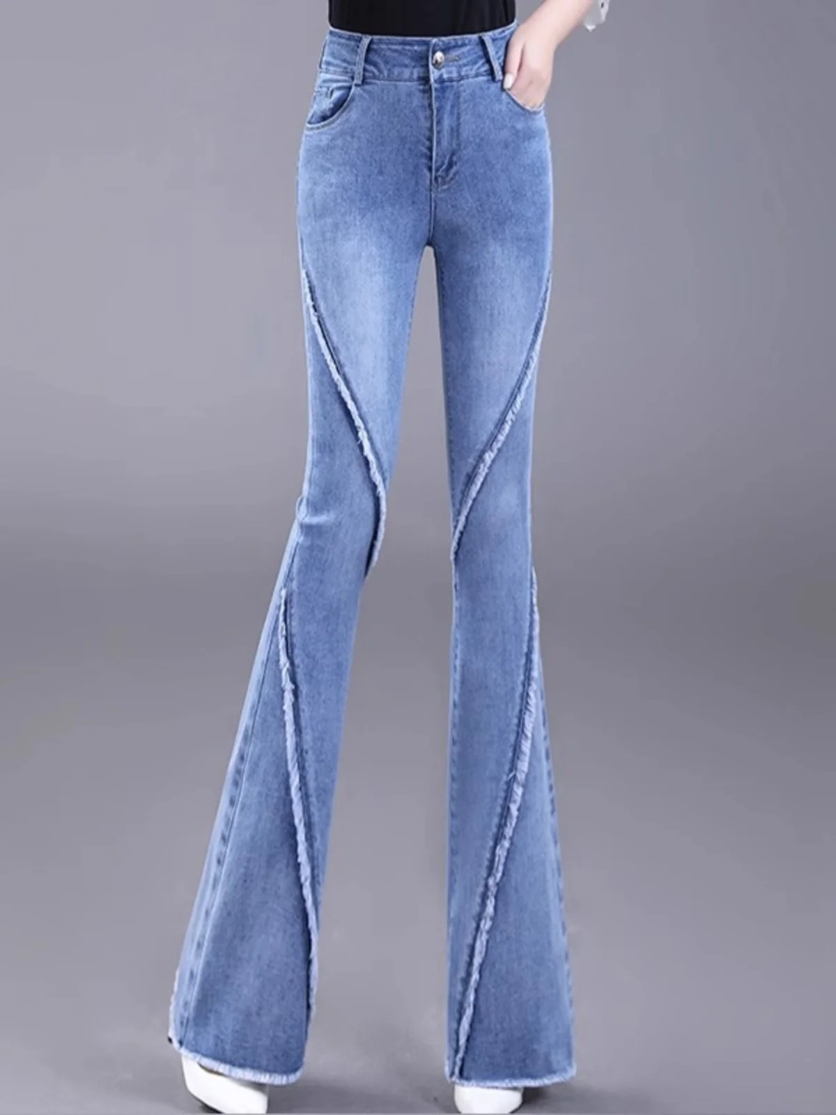 

Расклешенные джинсы с высокой талией, женские весенне-осенние новые модные универсальные брюки-клеш с бахромой в стиле ретро, всесезонные джинсовые брюки