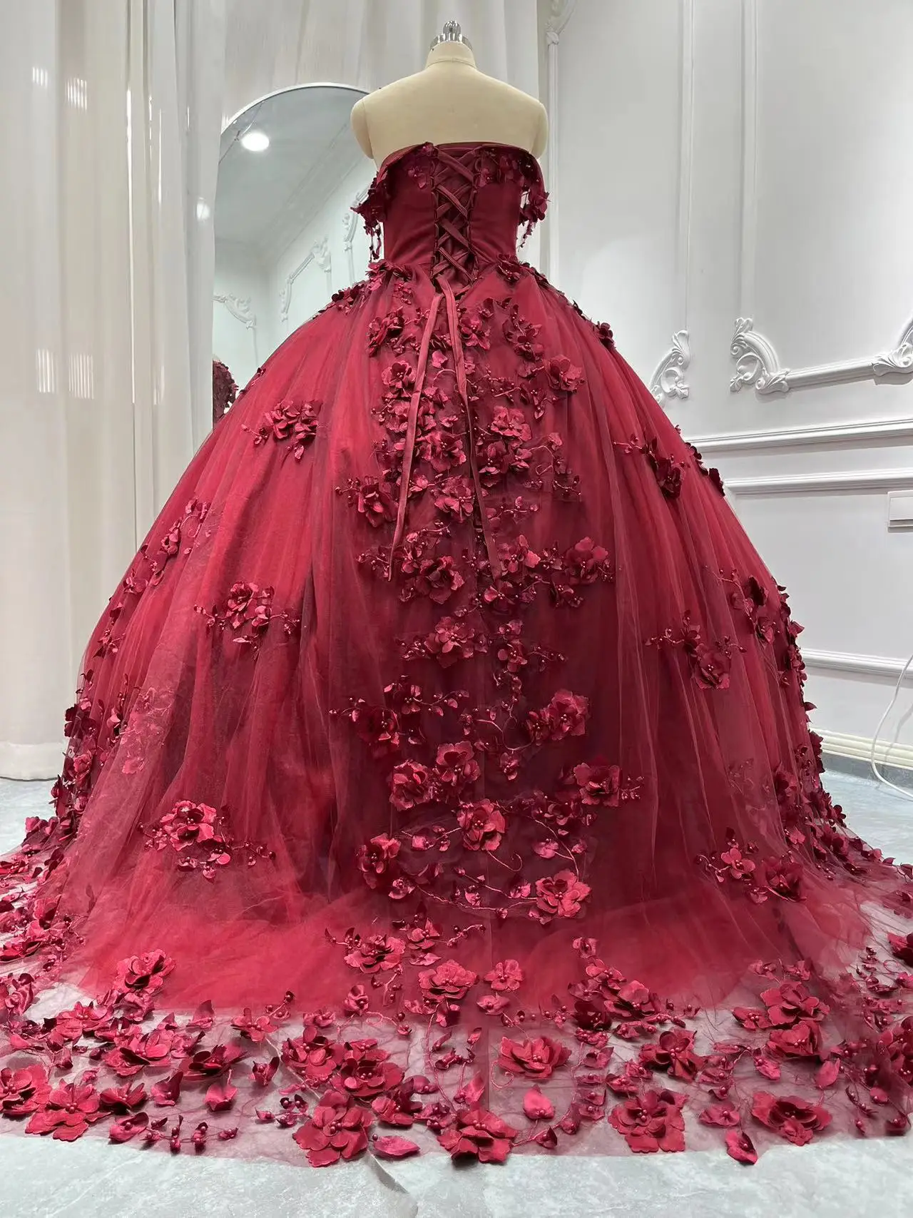 AA28 Customized Mexican Wine Red Quinceanera Dress 3D Floral Corset Prom Birthday Party Gown Sweet 16 Vestidos De 15 Quinceañera