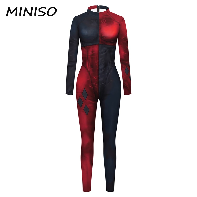 MINISO-Traje Cosplay do Palhaço da Harley Quinn, Bodysuit Zentai, Roupa Feminina, Macacão Impresso 3D, Halloween, Feriado, Carnaval