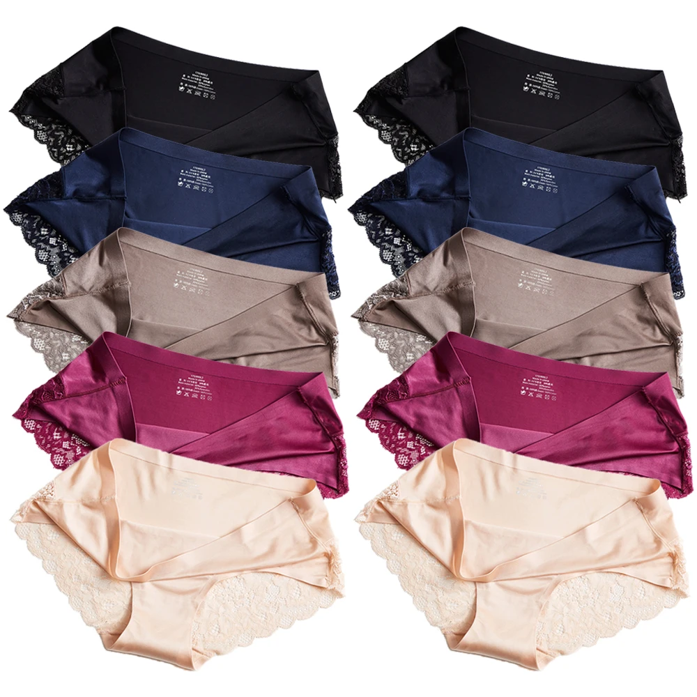 Women's Panties Exquisite Lace Underwear Sexy Lingerie Big Size Sweet Silk Satin Briefs Soft Cozy Underpants 10 PCS/Set