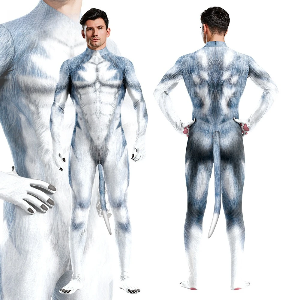 

New Halloween Cosplay Costume 3D Animal Dog Print Zentai Bodysuit Carnival Theme Party Role Playing Outfits for Adult Men