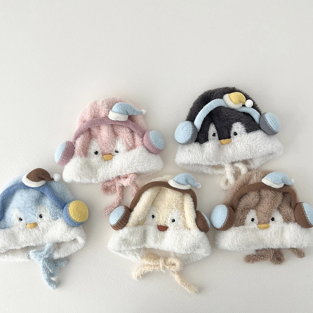 MILANCEL Children's Hat Girl 4-10T Kids' Hats and Caps Cartoon Penguin Thicken Hat for Girls Winter Warm Kids Ear Protection Hat
