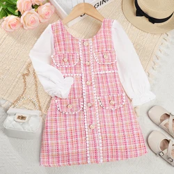 Menoea Girls' Dress 2023 Autumn New Girls' Round Neck Plaid Lace Button Long Sleeve Dress Girls' Fashion Patchwork Dress