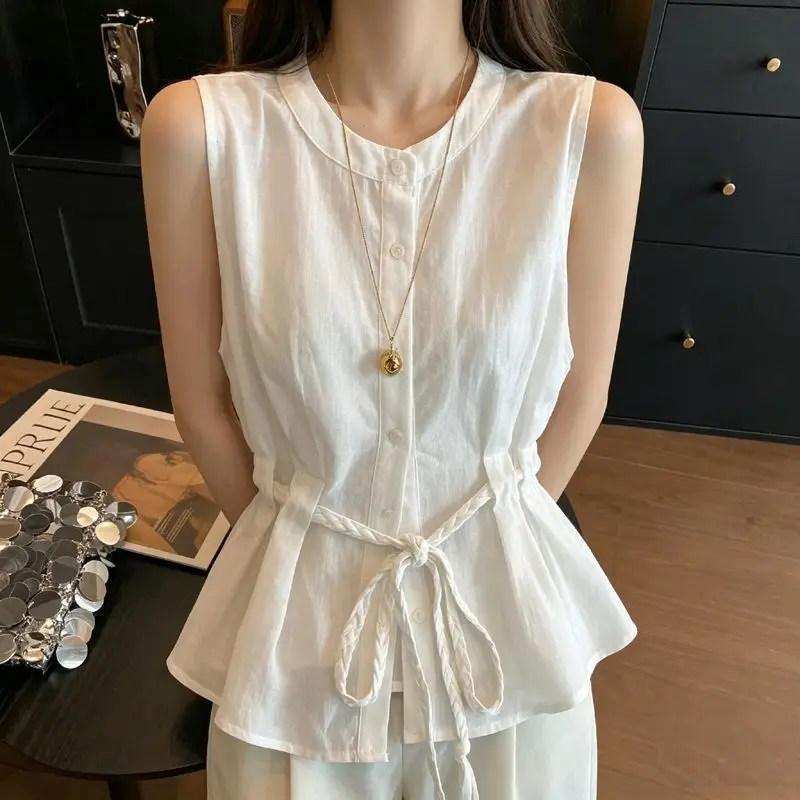Women's 2026 Summer New Korean White Tie Waist Sleeveless Babydoll Top Sexy Hot Girl Y2K Chic Coquette Going Out Streetwear Cute