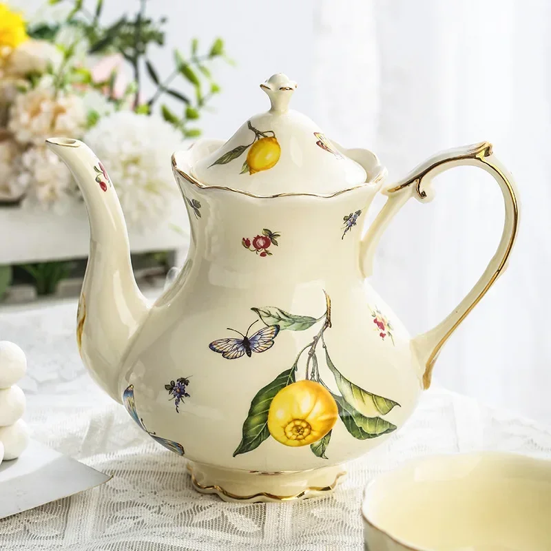 

European Ceramics Coffee Cup and Saucer Teapot Elegant Lemon Pattern Creative Afternoon Tea Teaware Set with Dessert Spoon Gift