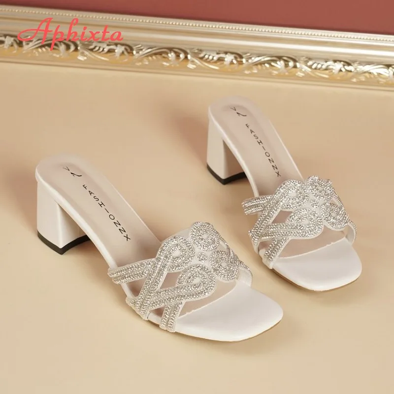 

Aphixta 2026 New Summer Women's Slippers Square Toe Block Heel Rhinestone Decor Slides Casual Beach Dressy Sandals Size 35-42