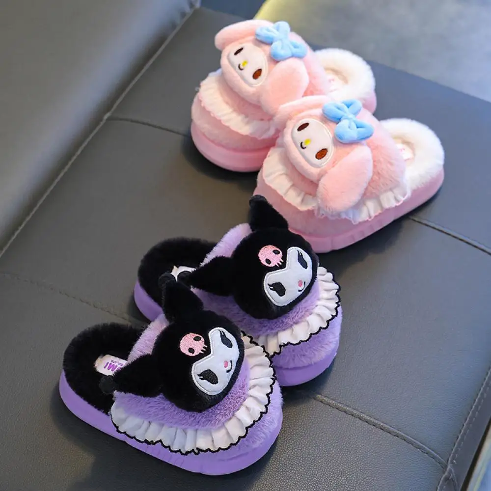 Kawaii Sanrio Hello Kitty My Melody Girls Plush Slippers Kuromi Autumn Winter Indoor Home Shoes Child Cartoon Cotton Shoes Gifts