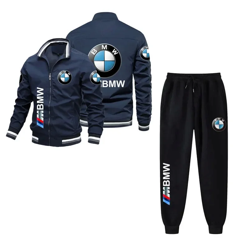 ชุดแจ็คเก็ตซิปพิมพ์ลายโลโก้แบรนด์ BMW สำหรับผู้ชาย เหมาะสำหรับผู้ที่ชื่นชอบรถยนต์ แจ็คเก็ตฤดูใบไม้ผลิและฤดูใบไม้ร่วงแบบสตรีท+กางเกง ชุดสองชิ้น