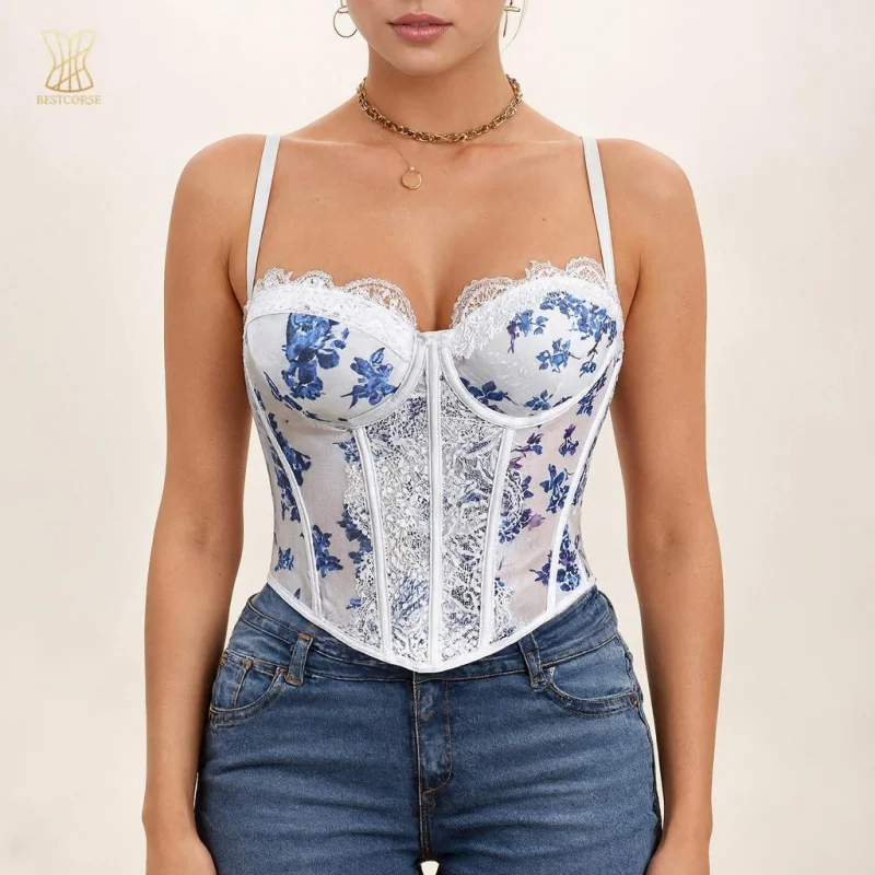 

Summer Sweet Blue and white lace corset top With Bra korset Bustier floral print Mesh camisole Crop Tops for Women