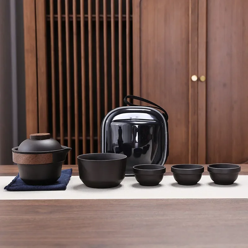 Chinese Tradition Zisha Travel Tea Set Portable Bag Outdoor Quick Cup One Pot Four Cups Ceramic Company Annual Meeting Gift Sets