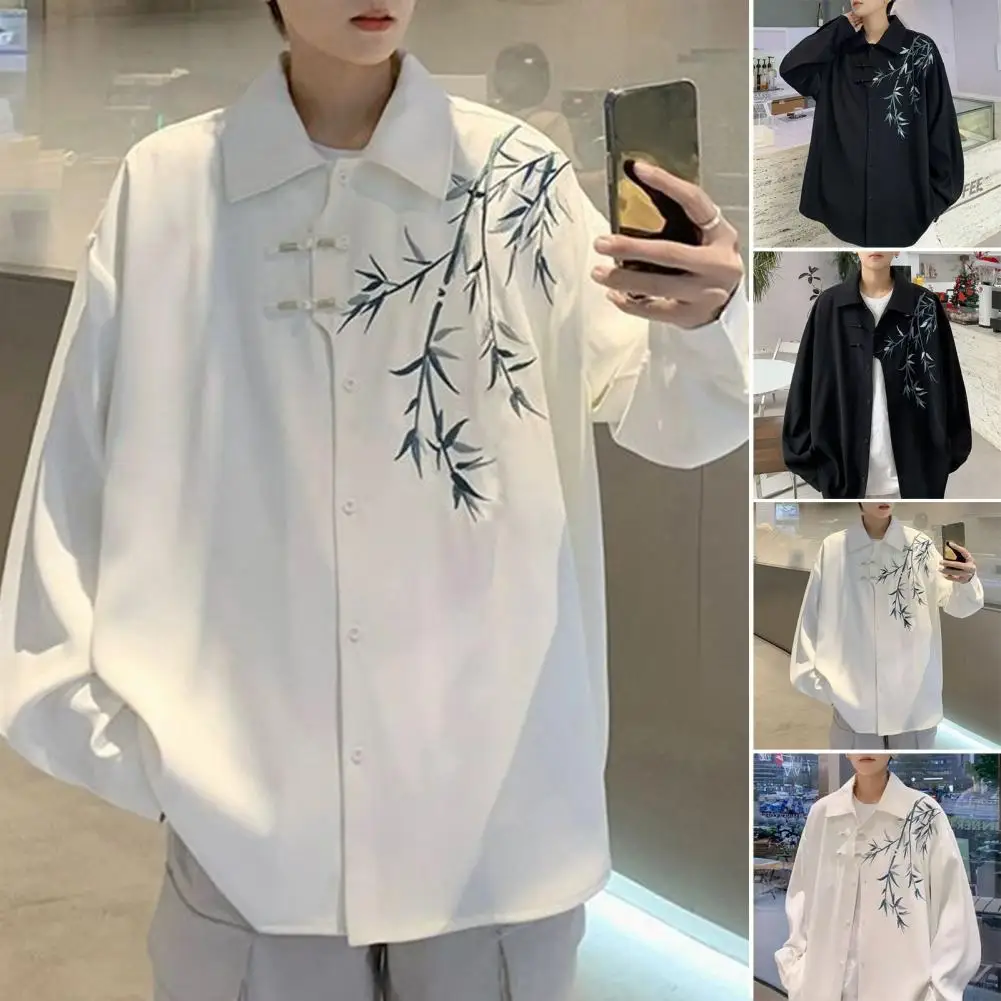 Vintage Men Shirt Chinese Style Bamboo Embroidery Cardigan for Men Retro Tang Suit Inspired Top Coat with Turn-down Collar Loose