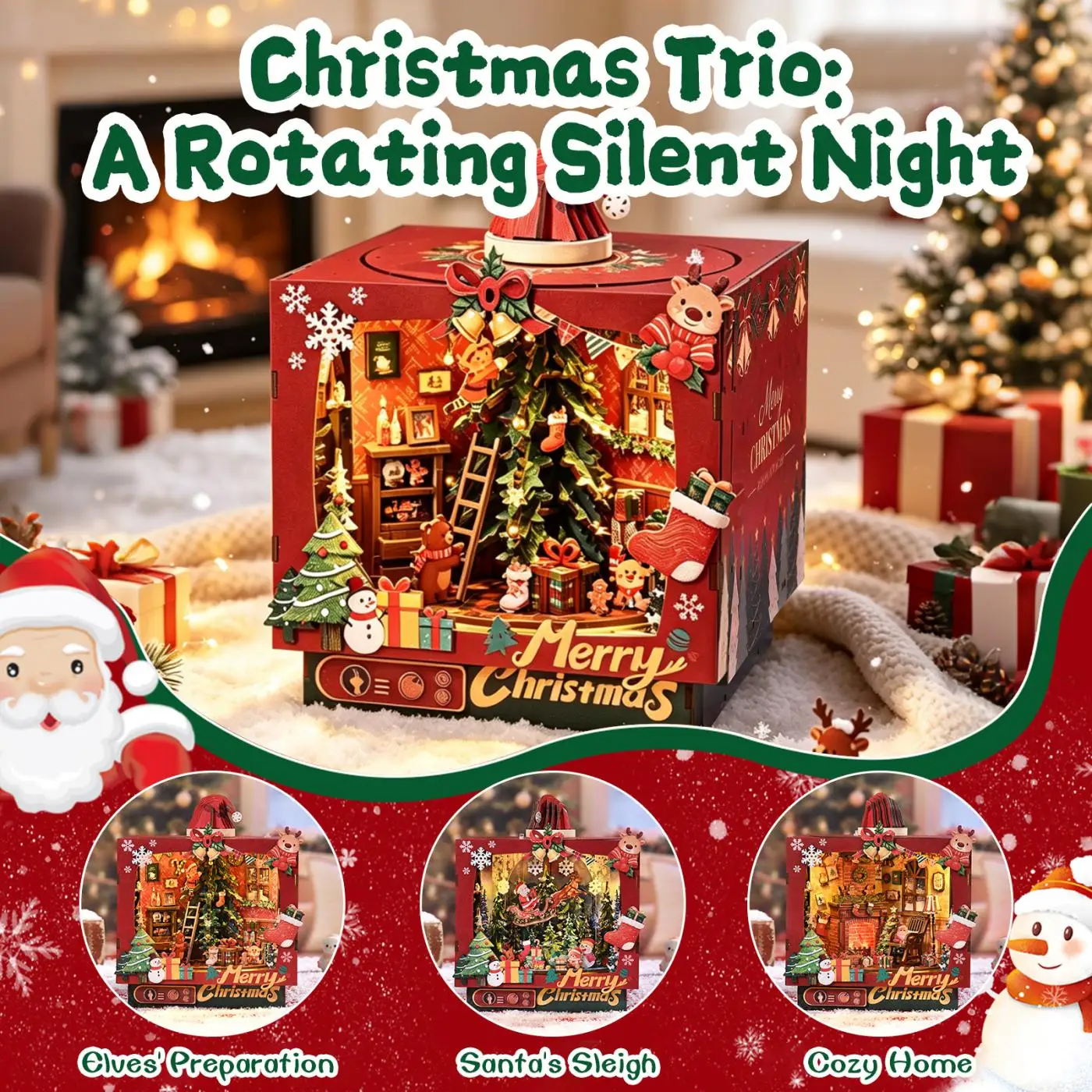 DIY Wooden Christmas Shop Bookshelf Triple-Layer Miniature Diorama Kit with LED Light 3D Puzzle for Teens Adult 14+ Holiday Gift