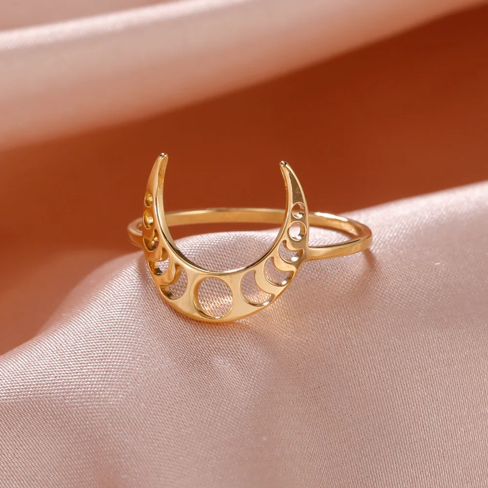 Cazador Stainless Steel Crescent Moon Phase Rings for Women Vintage Jewelry New in Rings Party Anniversary Birthday Gift 2024