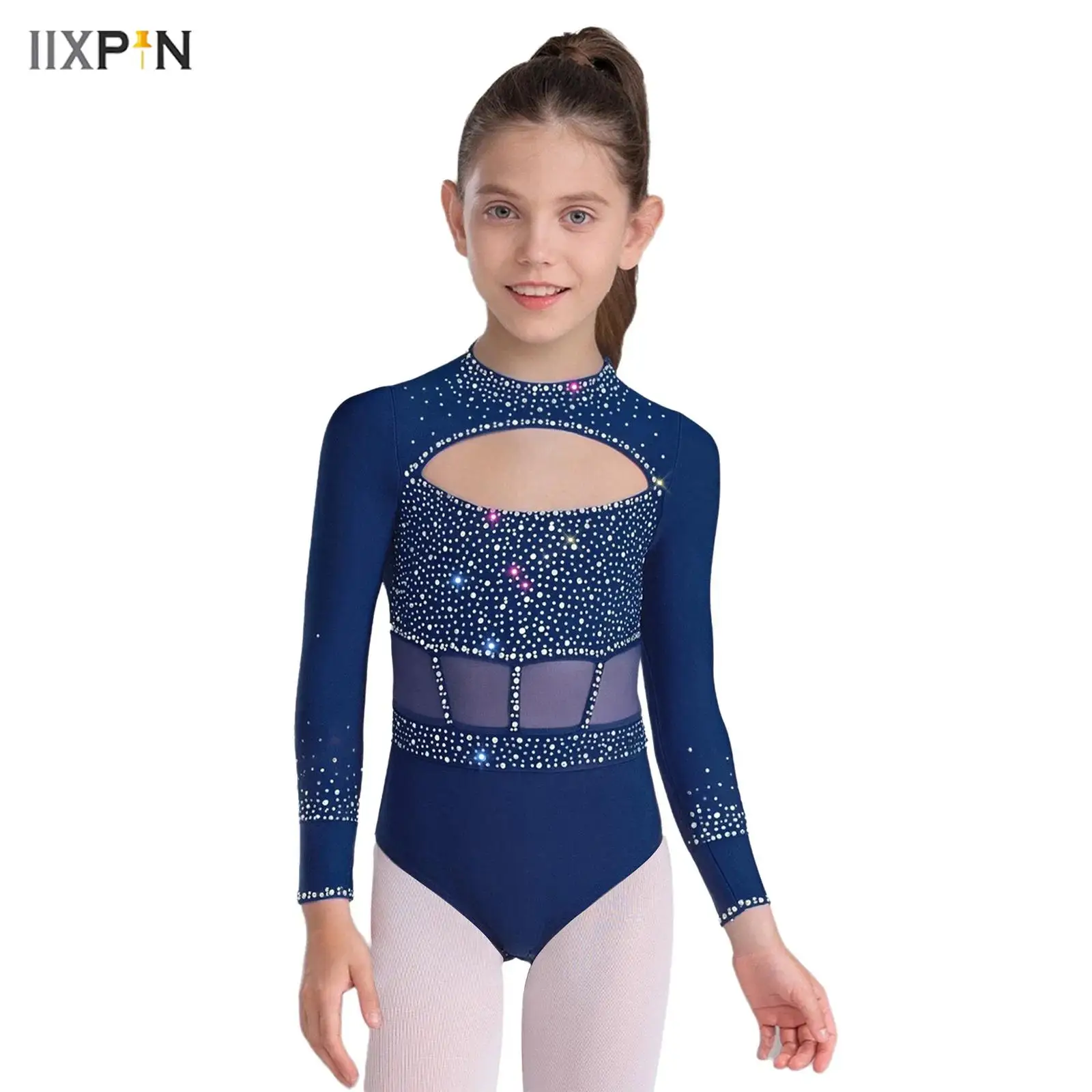 

Kids Girls Shiny Rhinestones Gymnastics Dance Leotard Crew Neck Long Sleeve Cutout Front Bodysuit Ballet Performance Dancewear