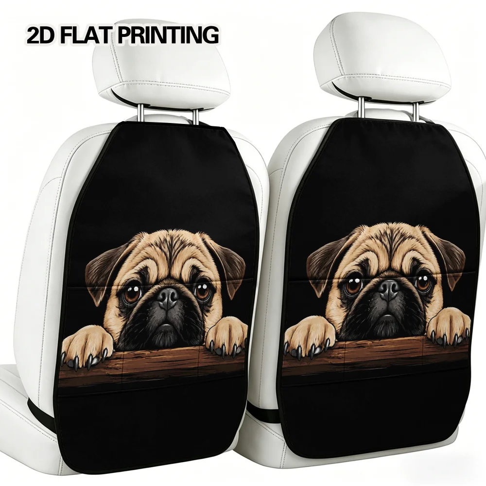 2D Flat, 2pcs Sad Pug Peek Design Car Kick Mats With Organizer, Practical Multi-Pocket Adjustable Style, Easy To Manage, Maintai