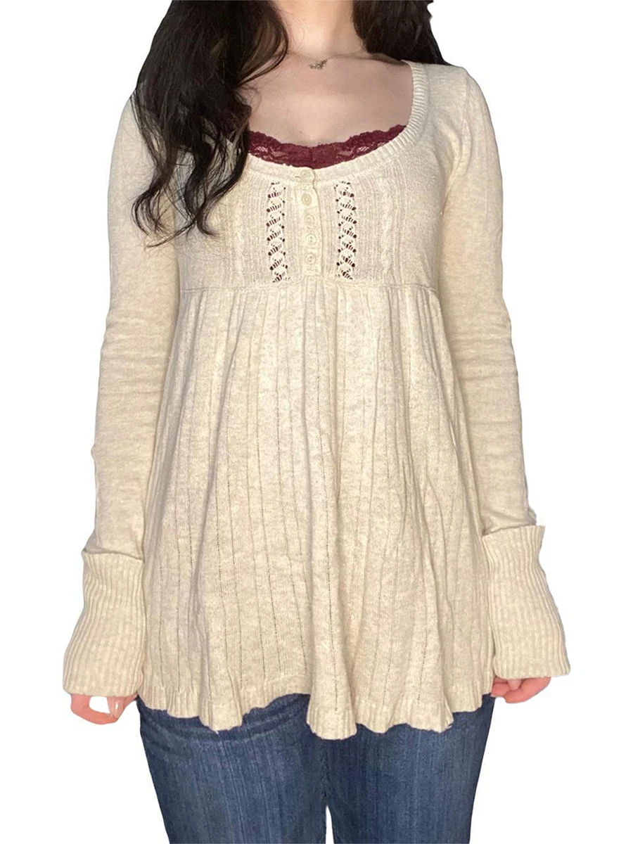 

Women Autumn Knitted Sweaters Pullovers Tops Solid Color Long Sleeve Button Square Neck Cream and Tan Jumper Sweaters