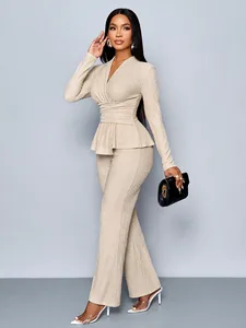 Beige V-Neck Long Sleeve Peplum Top & Wide Leg Pants Two Piece Set for Women, Elegant Casual Outfit
