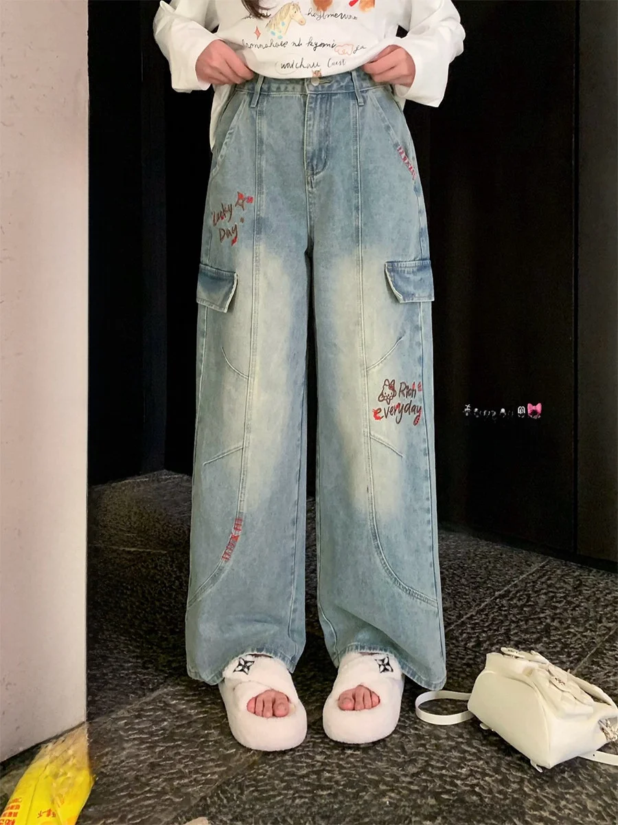 

Annie No Fire Embroidered Vintage Waed Kit Jeans Cute Sle plus Size Casual Straight Leg Blue Denim Pants for Women