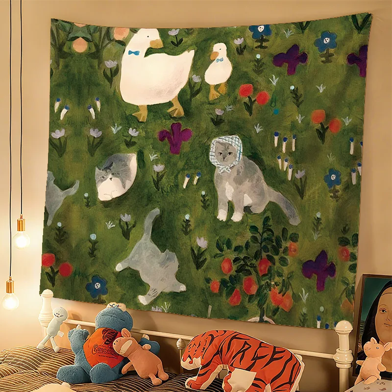 VIKAMA Cute Duck Cat Flower Tapestry Wall Hanging, Animal Painting Background Cloth, Bedroom Living Room Home Wall Decoration