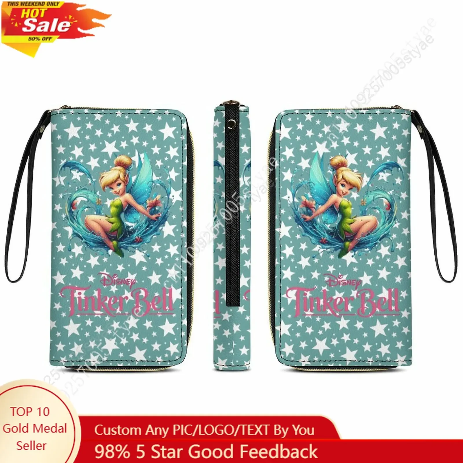 

Tinker Bell Leather Wallet Disney Licensed Customizable Personalized Design Your Pattern Portable Purse Double-sided Printing