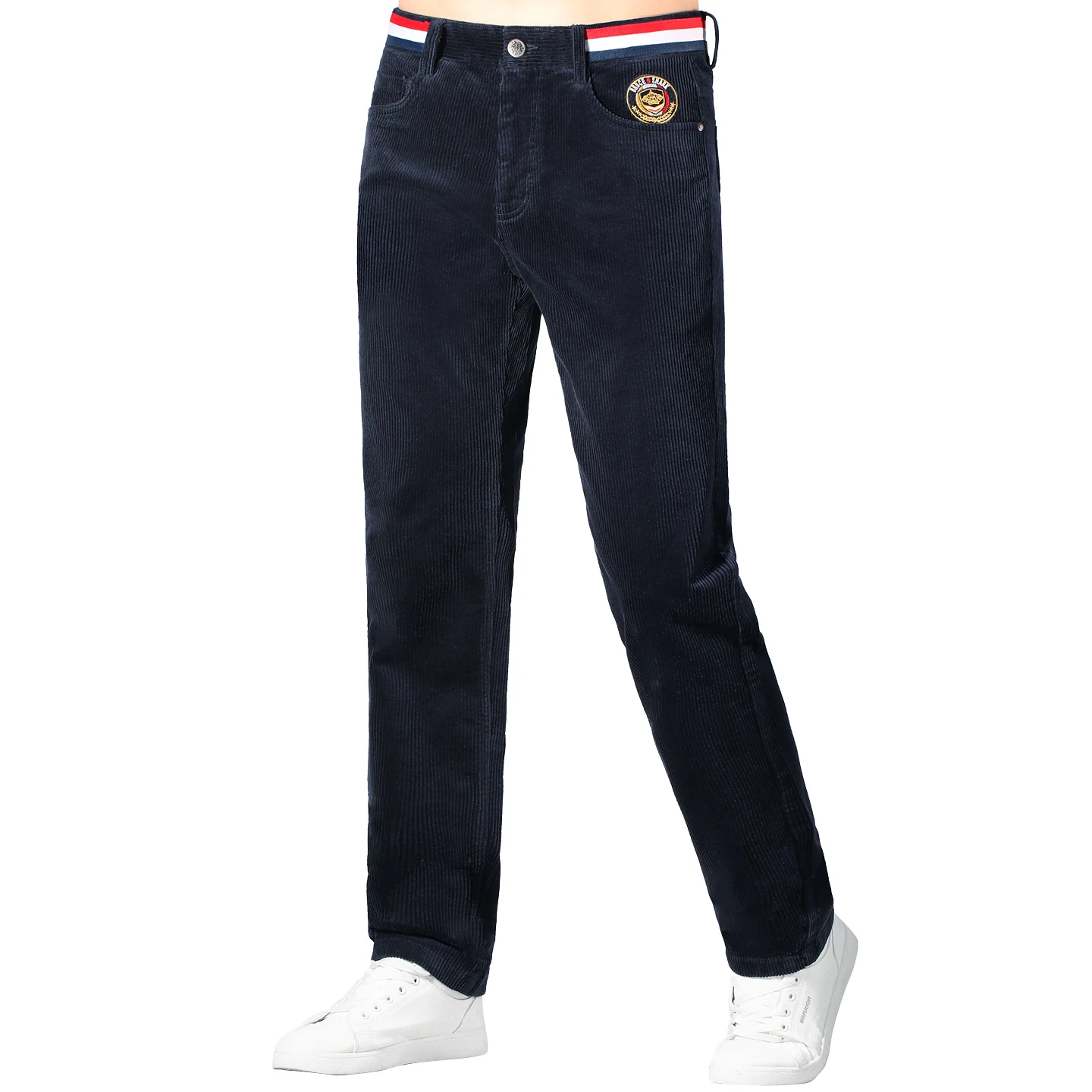 2025年冬用コーデュロイパンツ メンズ、カジュアルストレッチ厚手コットンメンズパンツ、レッドミッドウエストストレート韓国風パンツプラスサイズ