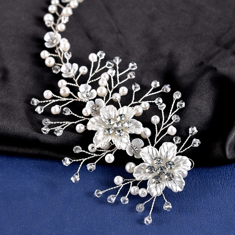 Imitation Pearl White Flower Hair Band Handmade Rhinestone Headband Women Bridal Headwear Wedding Party Hair Accessories