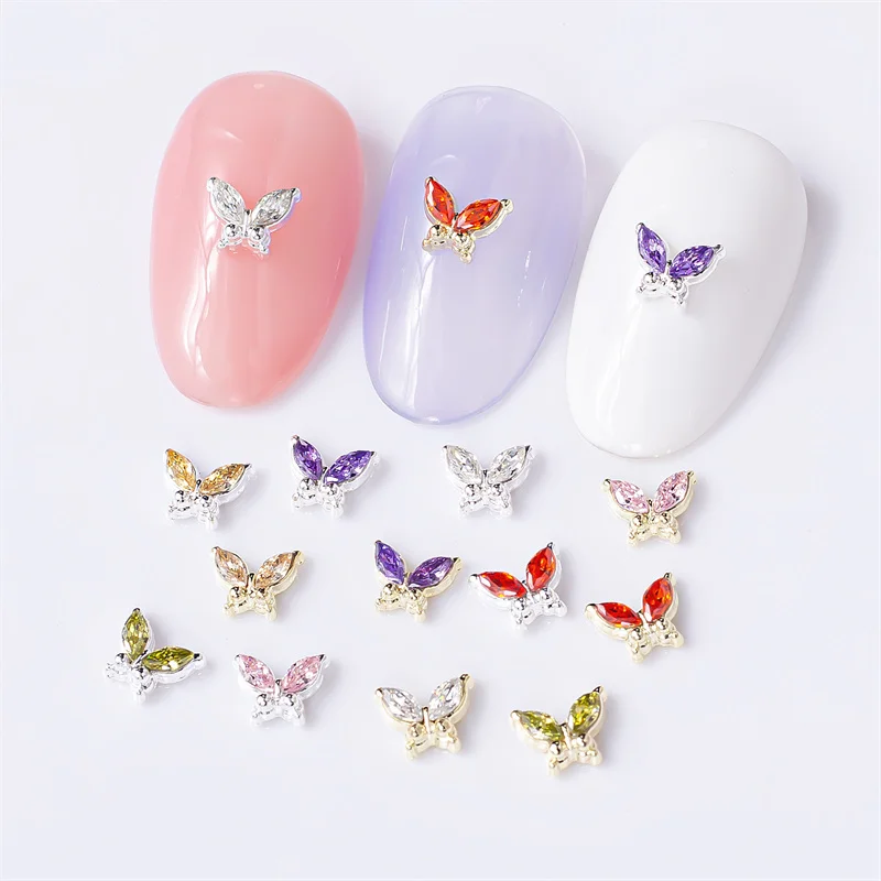 10 pçs/lote liga arte do prego encantos forma de borboleta pedra gemas acessórios da arte do prego ornamentos de metal jóias para manicure peças do prego
