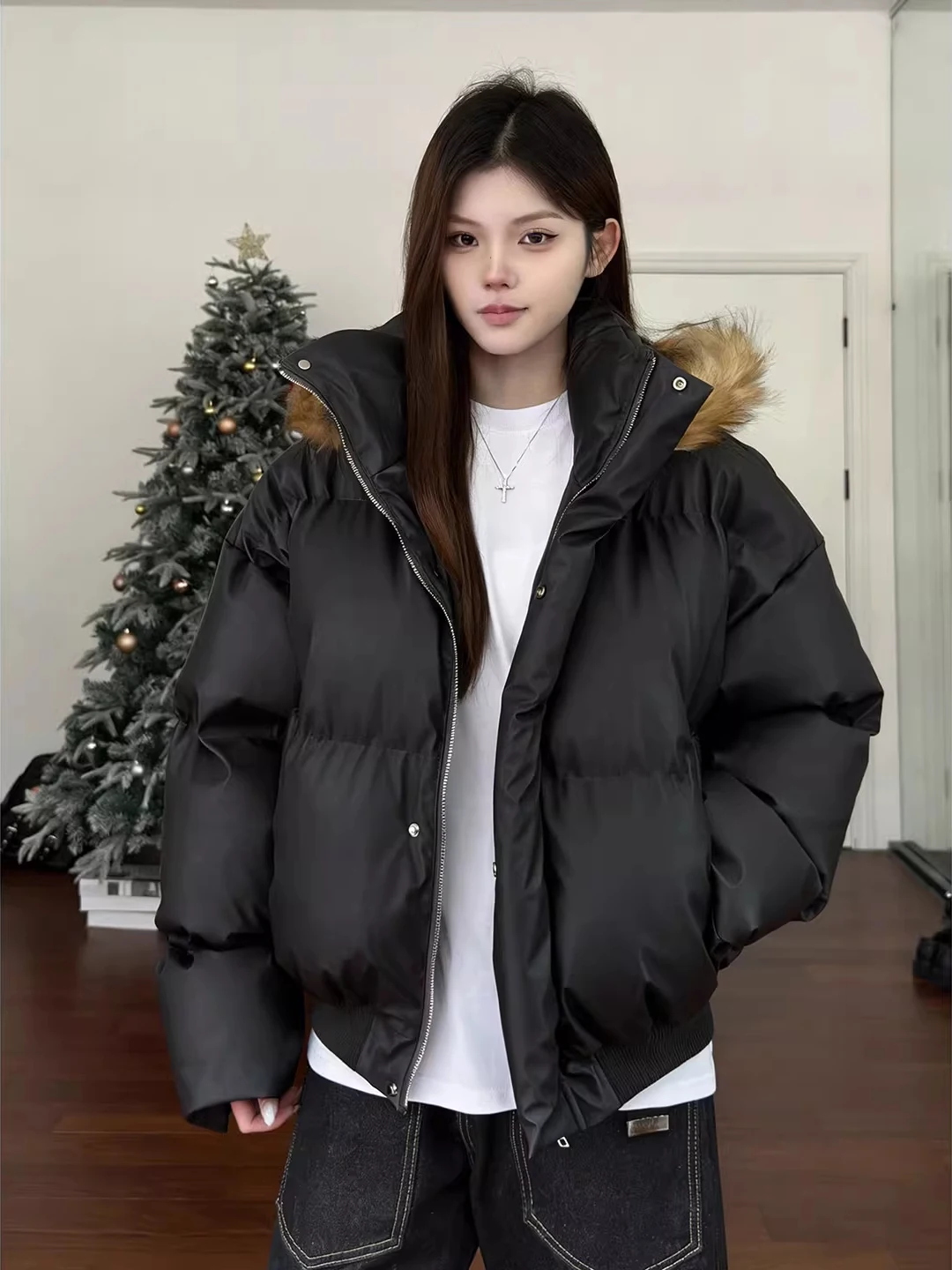 

Detachable Large Fur Collar PU Leather ort down Jaet Men's Winter Tee-Proof Boxy Cotton Jaet Mountain Eagle Coat