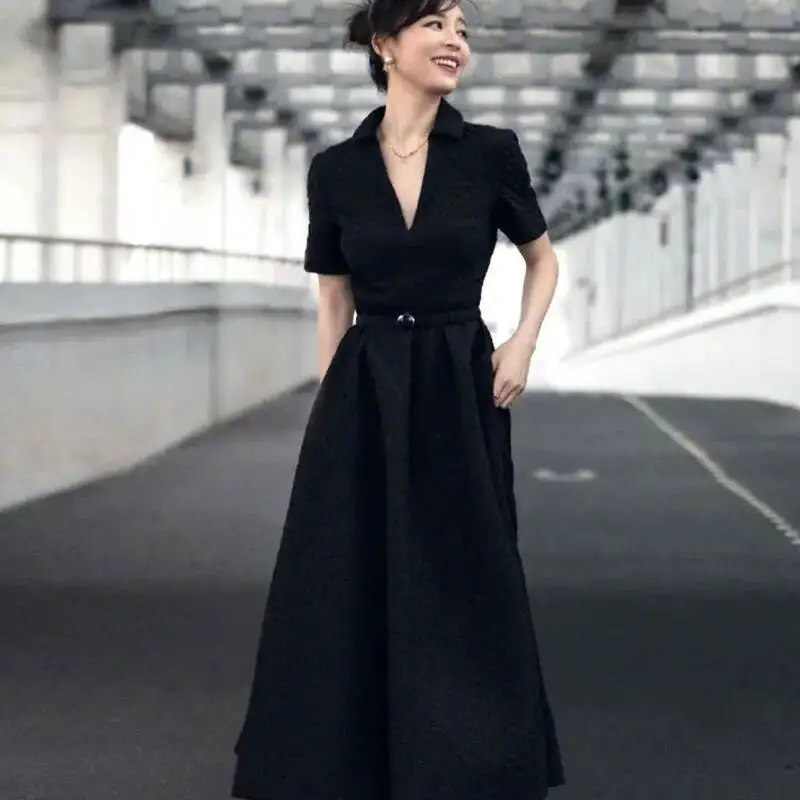

Women's Black V-Neck A-Line Dresses With Belt, Fashion, New