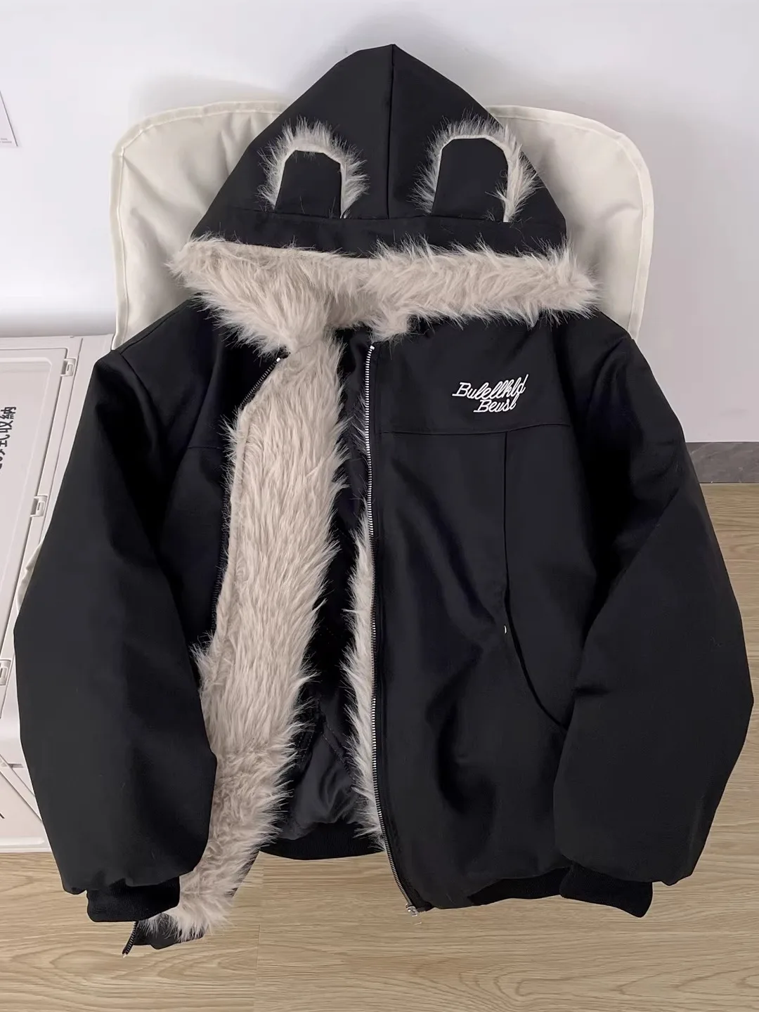 

American Sle Loose Fit Thiened Cotton Jaet with Fur Collar for Men And Women Youth Casual Hooded Coat Outerwear