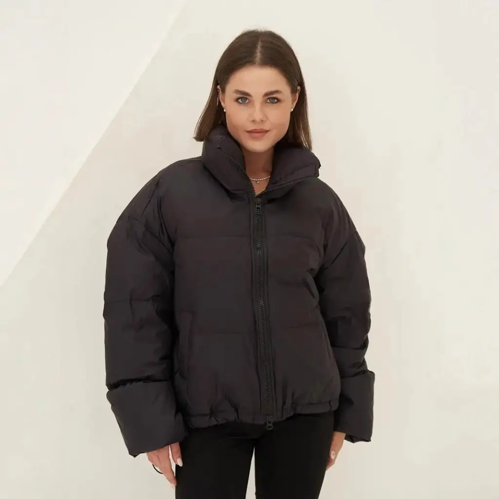 

Women's Black Cotton-Padded Coat Warm Winter Korean Style Loose Fit Vertical Collar Fashionable All-match Bread Coat for Men