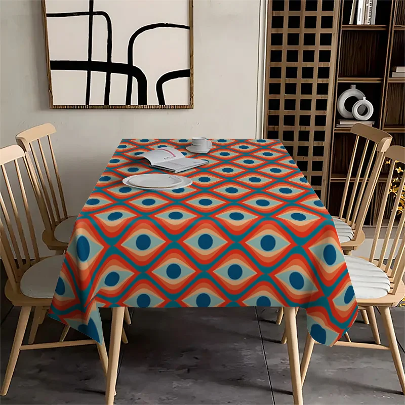 Retro Pop Style Rectangular Tablecloth - Vibrant Red and Blue Contrasting Irregular Rhombus Patchwork Polyester Tablecloth