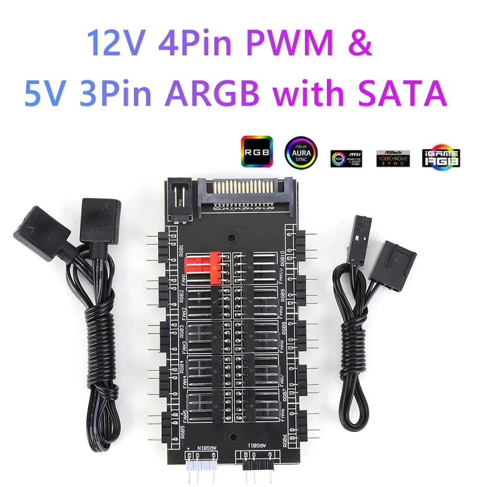 2 in 1 Fan Controller 5V 3PIN ARGB SATA Power Fan Splitter HUB 12V 4PIN PWM Computer Accessories 10 Way for PC Chassis Case