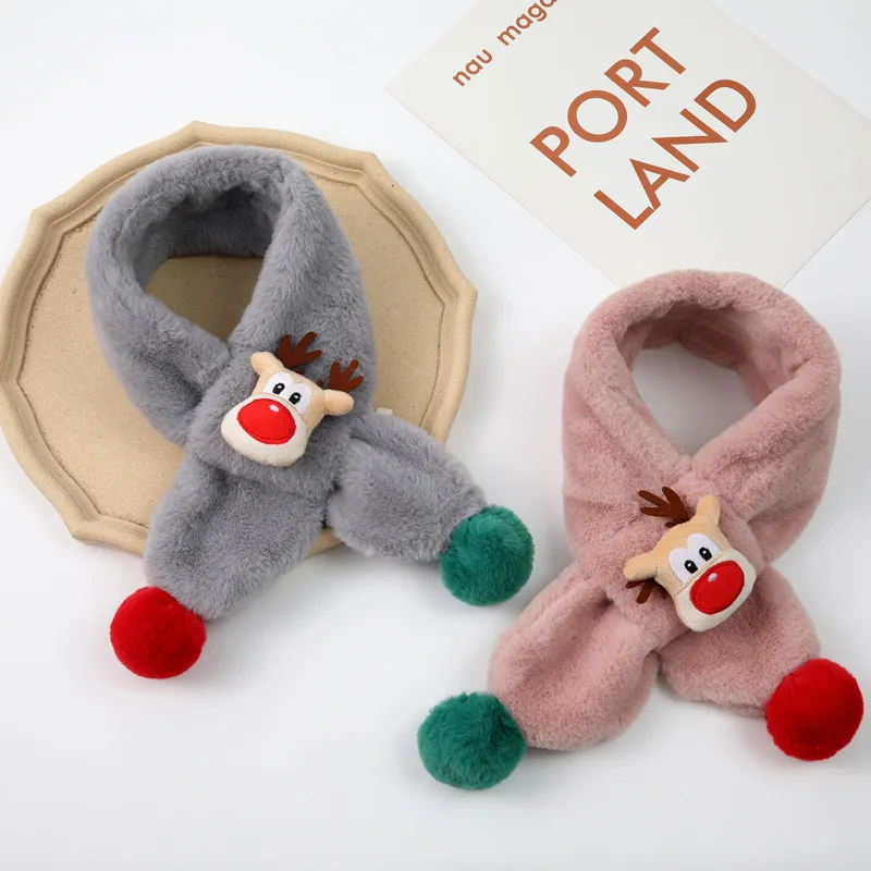 New 2022 lovely imitation rabbit plush children\'s scarf autumn and winter double ball cartoon red nose deer Christmas warm bib