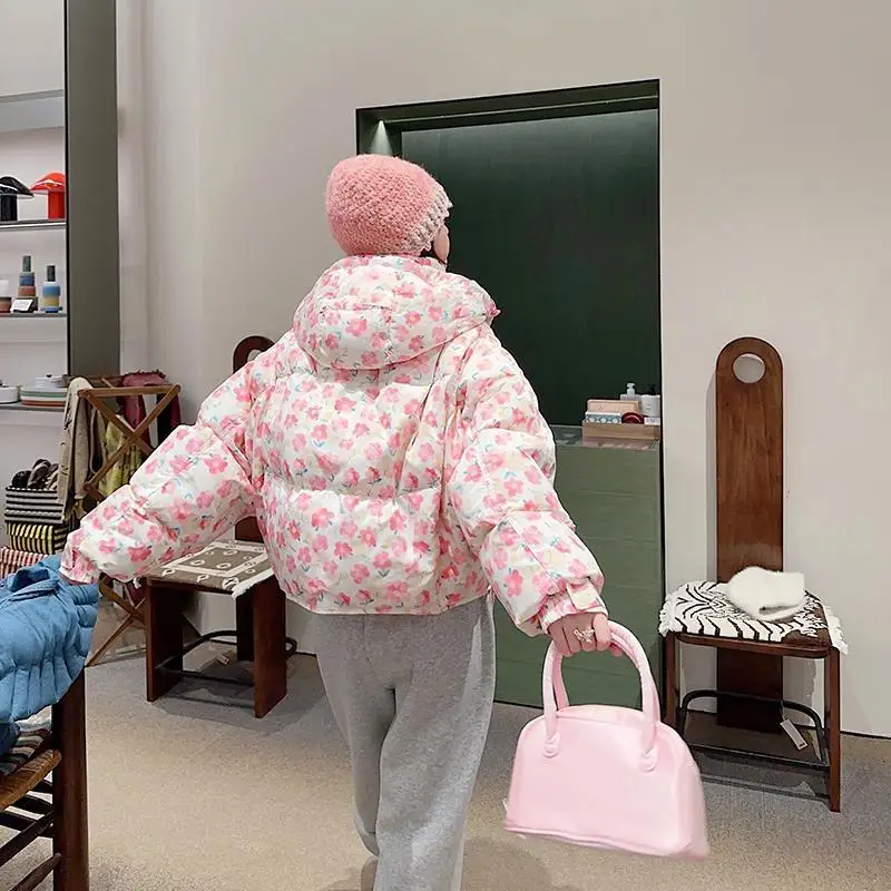 달콤한 꽃무늬 패턴 푸퍼 재킷 겨울용 따뜻한 여성용 면 패딩 재킷 후드 코트 긴 소매 루즈 숏 탑 겨울 의류