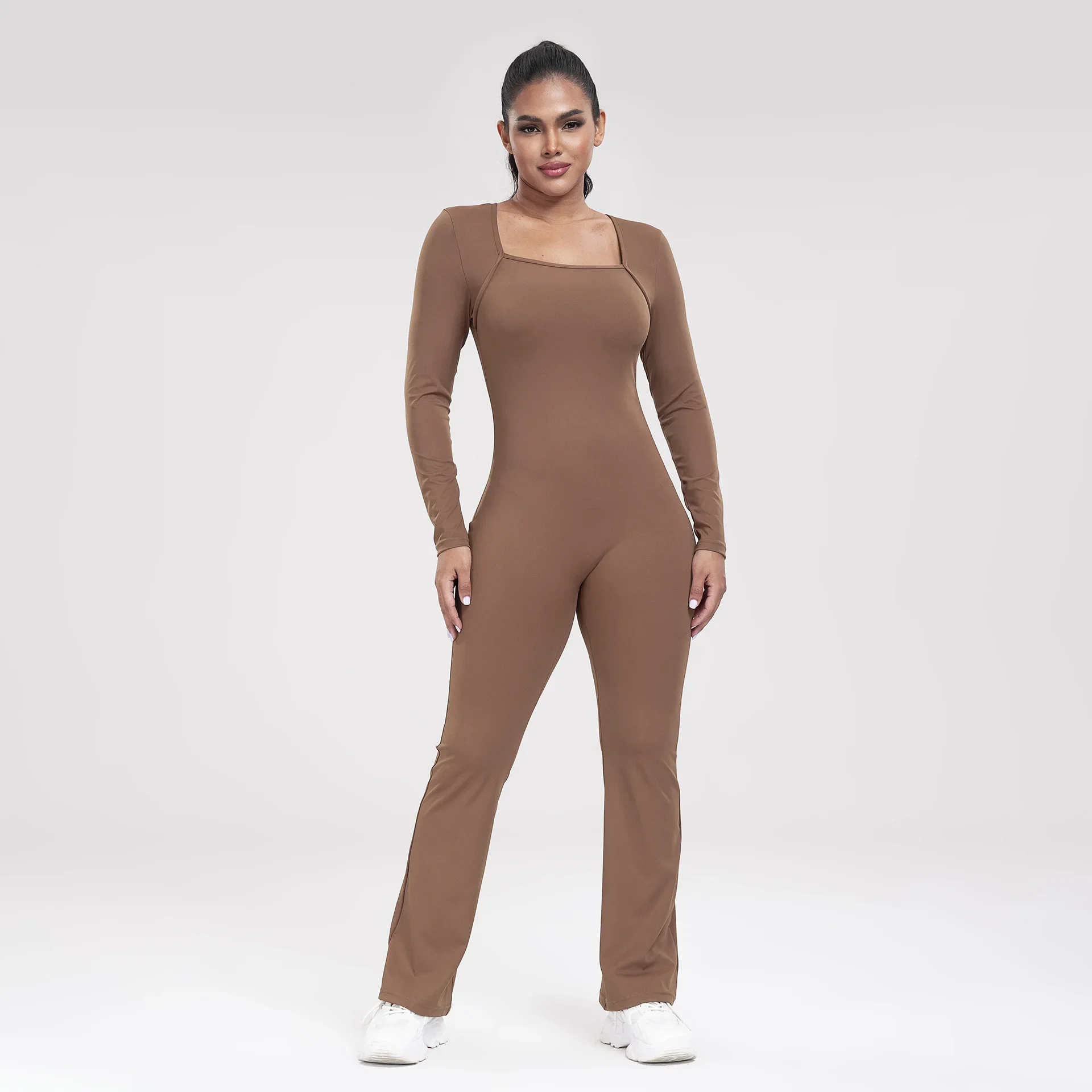 Sports Fitness Yoga Jumpsuit Onepiece Brown Women Sport Gym Yoga Jumpsuit Long Sleeve Suit Workout Woman Bodysuit Active Wear