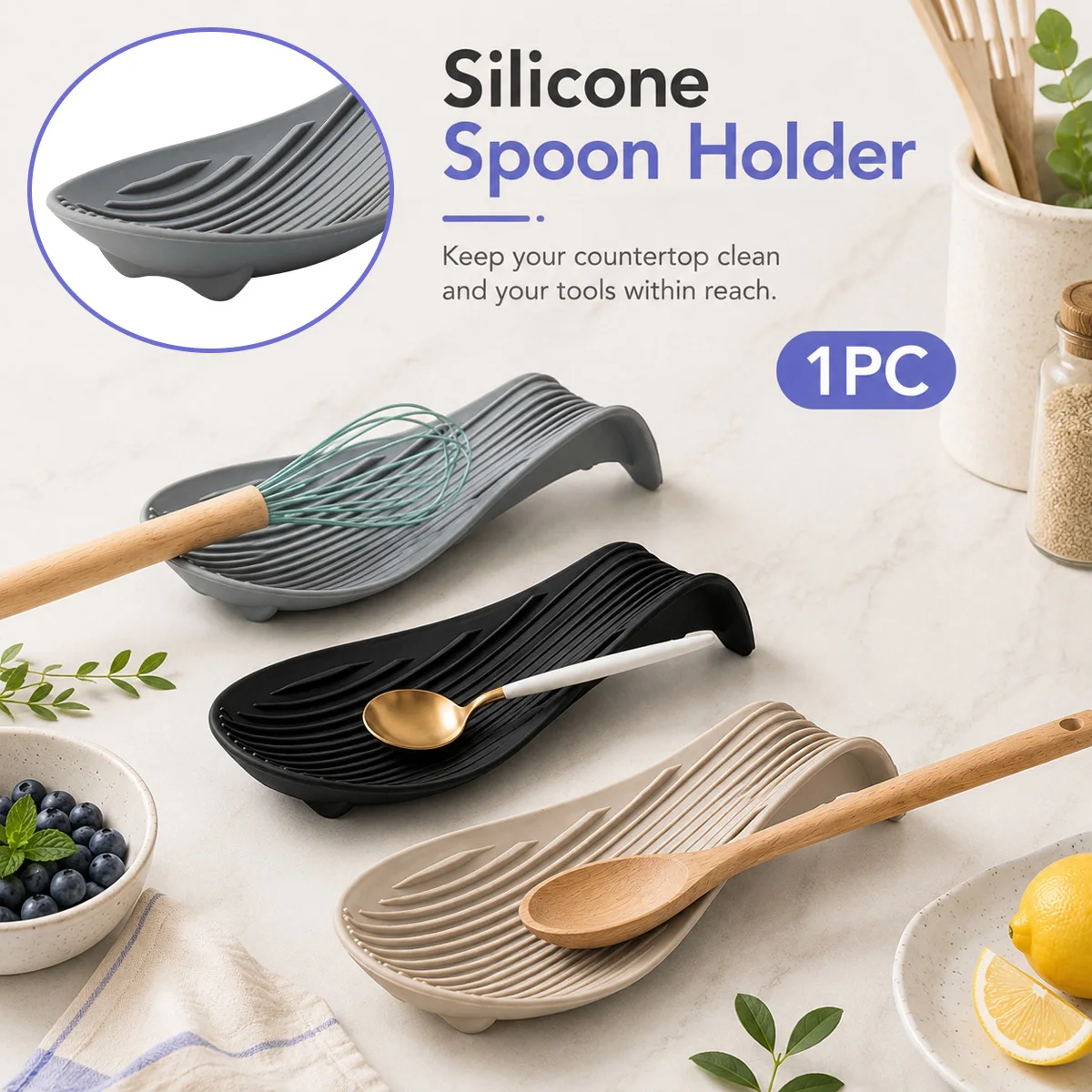 1PC Silicone Kitchen Utensil Spoon Pad Heat‑Resistant Non‑Slip Counter Drip Catcher For Spatula Ladle Cooking Gadget Accessories