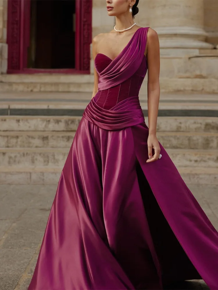 Elegant One Shoulder A Line Evening Prom Dresses with Side Split Pleat Backless Formal Wedding Party Gown Arabia سهرة