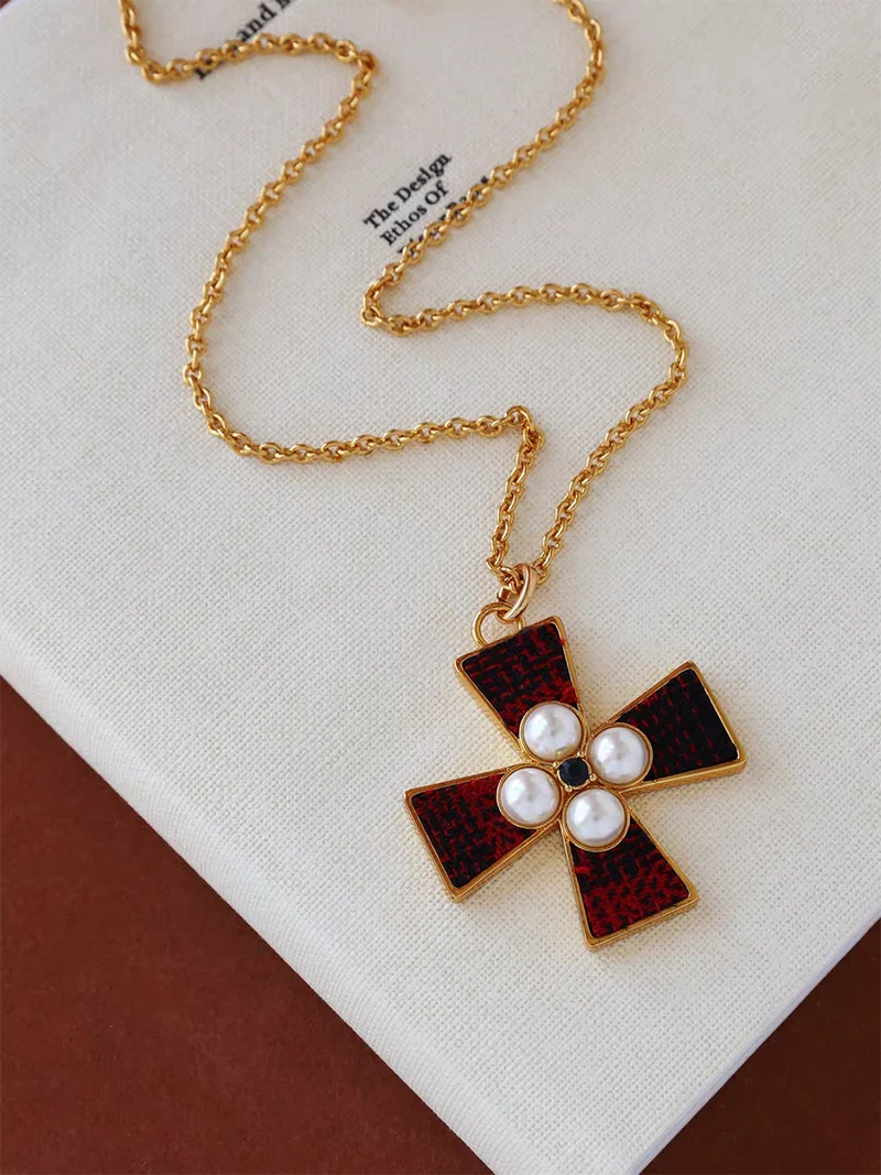 

Ожерелья с подвеской в виде стеклянного жемчуга и креста для женщин, длинные свитера, ожерелья, зимние элегантные украшения, новинка 2026 года