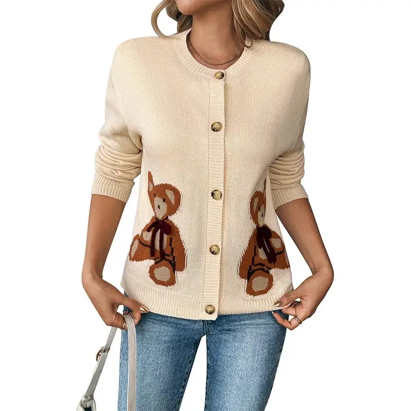Cute Bear Pattern Open Cardigan Sweater Women's Sweet Versatile Autumn Winter New Style Mid-Thick Embroidered Button Detail