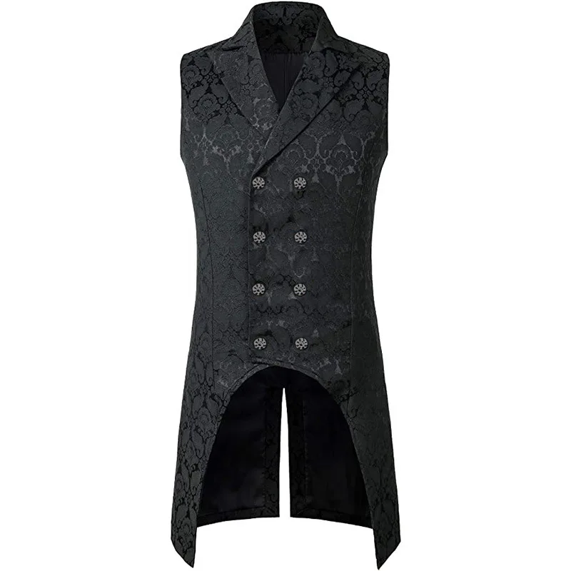 Mens Gothic Steampunk Black Long Vest Floral Jacquard Double Breasted Waistcoat Men Punk Rock Stage Medieval Cosplay Costume