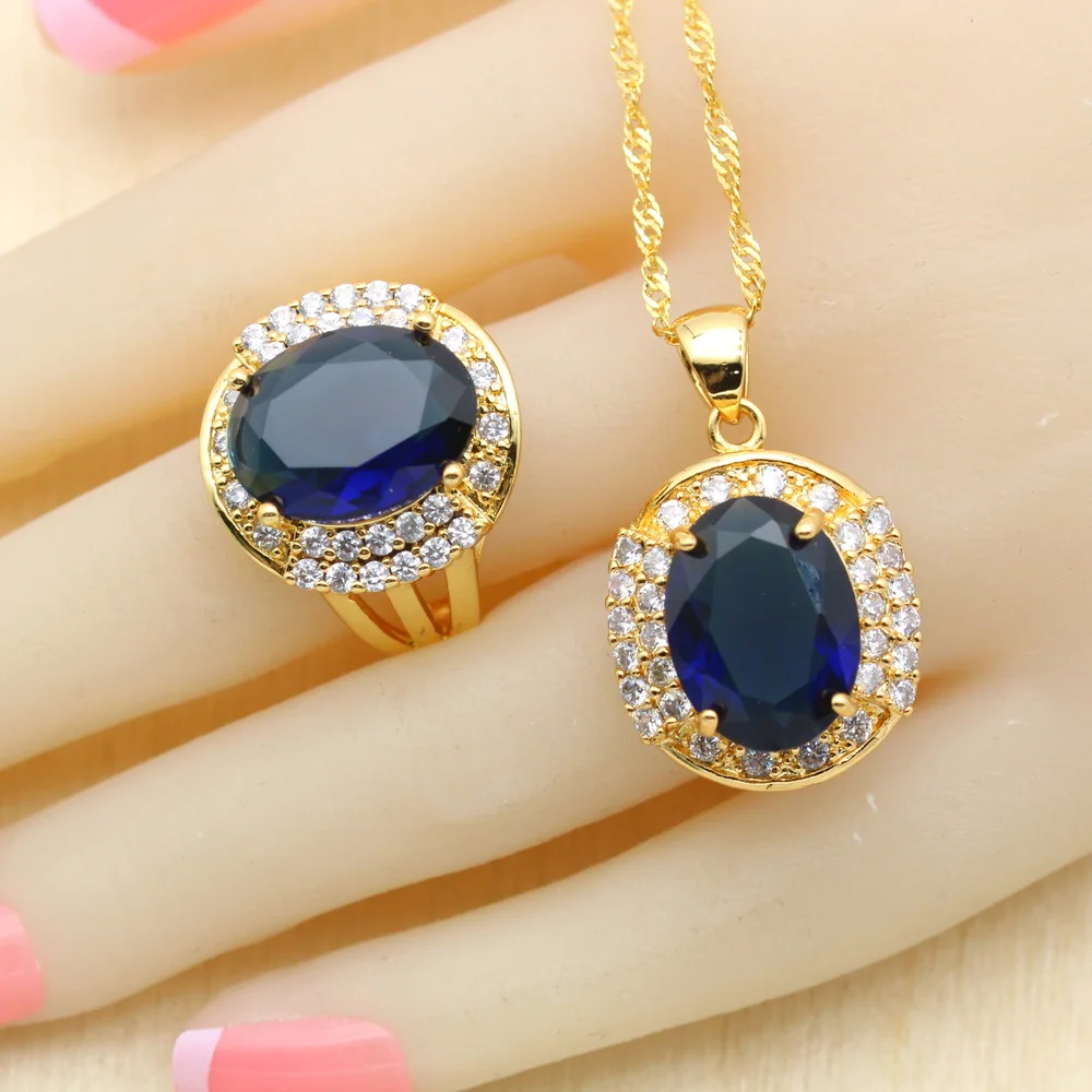 Dark Blue Stones Gold Color Bridal Jewelry Sets For Women Drop Earrings Necklace Pendant Bracelet Rings Free Gift Box WPAITKYS