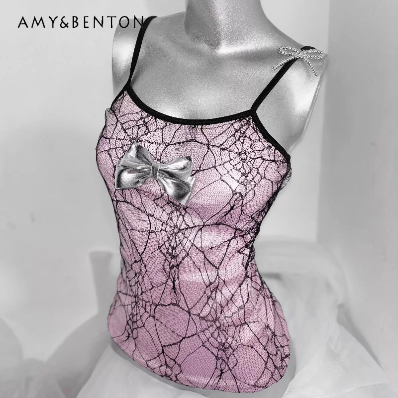 

Original Design Black Pink Splicing Goth Lace Bow Women's Sling 2025 Summer New Japanese Versatile Thin Sleeveless Vest Ladies